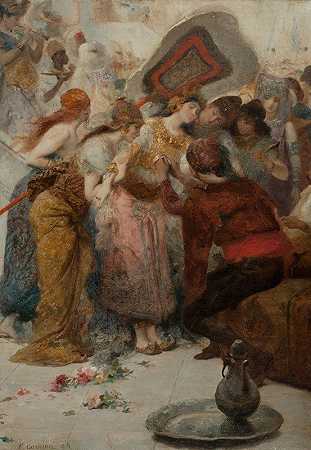 一个有异国情调的女人和她的侍从`An Exotic Woman and Her Attendants (1898) by Fernand Cormon