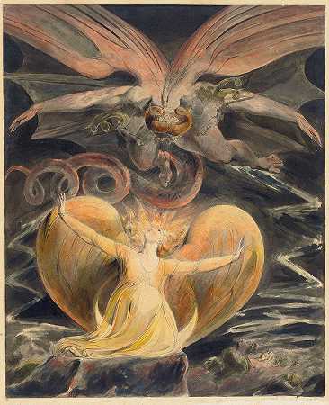 伟大的红龙和穿着太阳的女人`The Great Red Dragon and the Woman Clothed with the Sun (c. 1805) by William Blake