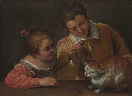 两个孩子在戏弄一只猫`Two Children Teasing a Cat by Annibale Carracci