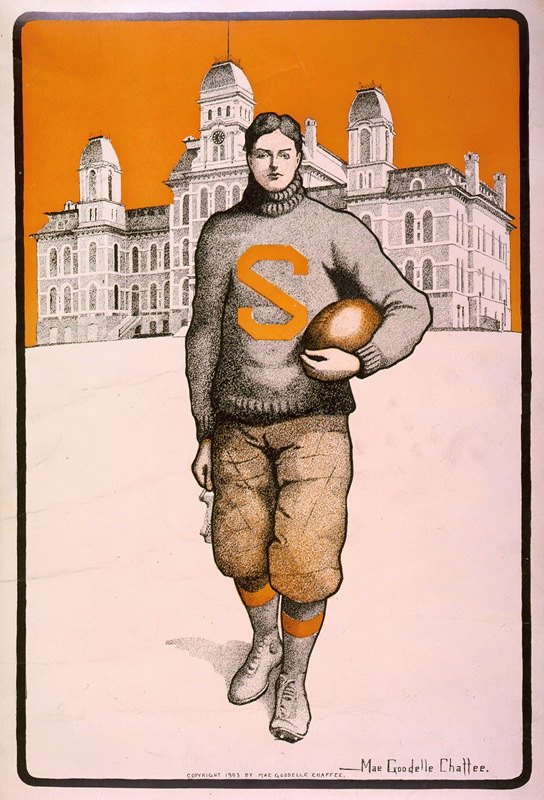 `Syracuse football player, full`length, standing, facing front, with Syracuse University behind him (1903) -