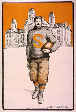 锡拉丘兹足球运动员，全身站立，面向前方，身后是锡拉丘兹大学`Syracuse football player, full~length, standing, facing front, with Syracuse University behind him (1903) by Mae Goodelle Chaffee