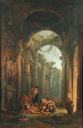 士兵赌博的经典废墟`Classical Ruins With Soldiers Gambling by Hubert Robert