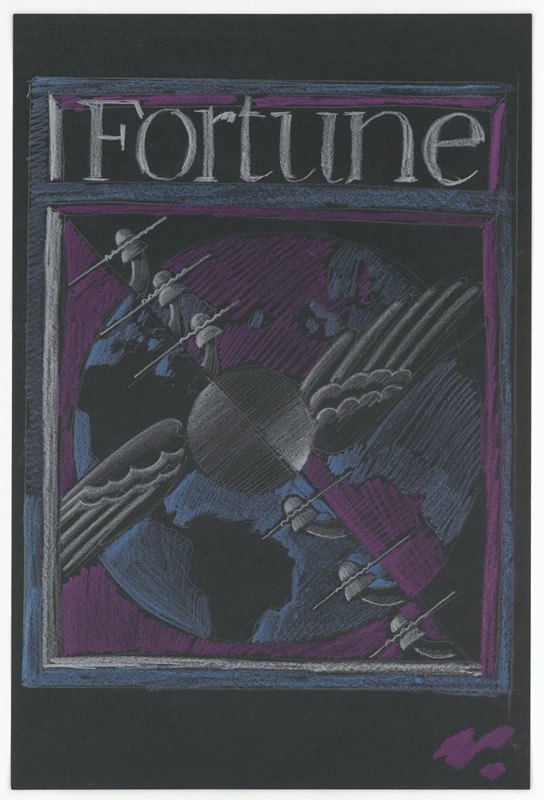`[Graphic designs for Fortune magazine.] [Study for cover with telephone lines and wings over the globe (1935) -