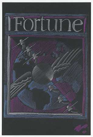 【财富杂志平面设计】【研究覆盖全球的电话线和翅膀】`[Graphic designs for Fortune magazine.] [Study for cover with telephone lines and wings over the globe (1935) by Winold Reiss