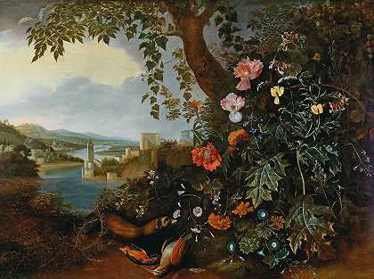 有鲜花和貂鸟陷阱的风景`A landscape with flowers and a marten and bird trap by Matthias Withoos
