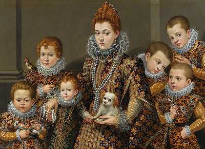 Bianca Degli Utili Maselli的画像，她抱着一条狗，周围有六个孩子`Portrait Of Bianca Degli Utili Maselli Holding A Dog And Surrounded By Six Of Her Children by Lavinia Fontana