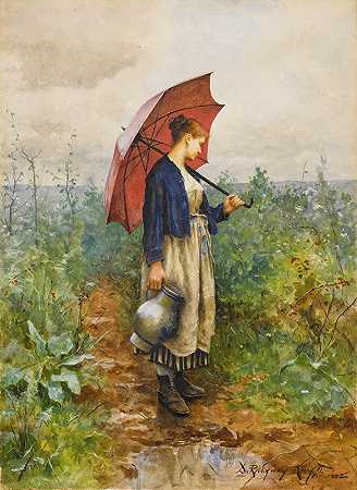 一个拿着雨伞取水的女人的肖像`Portrait Of a Woman With Umbrella Gathering Water (1882) by Daniel Ridgway Knight