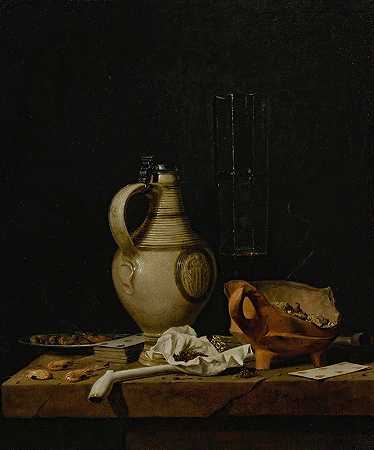 一个陶罐、一杯啤酒、扑克牌和吸烟者必备品的静物画`A Still Life With A Stoneware Jug, A Glass Of Beer, Playing Cards And Smokers’ Requisites (1665) by Jan Fris