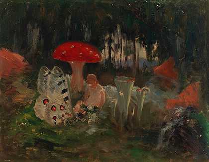公主和蝴蝶在苍蝇木耳下面`The Princess and a Butterfly Underneath a Fly Agaric (1895 1896) by Torsten Wasastjerna
