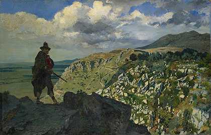 山中站岗的强盗`Brigand Standing Guard in the Mountains (1879) by Frank Buchser