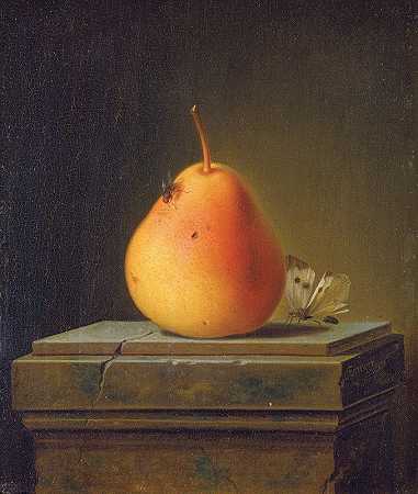 梨和昆虫的静物画`Still Life With Pear And Insects (1765) by Justus Juncker