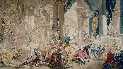 西风在L爱。普赛克向他的姐妹们展示了他的财富`Psyché conduite par Zéphyr dans le palais de lAmour. Psyché montrant ses richesses à ses soeurs (1741) by François Boucher
