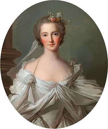 一位穿着象牙色连衣裙的优雅女士的肖像`Portrait Of An Elegant Lady In An Ivory~Coloured Dress by Circle of Jean-Marc Nattier