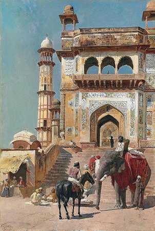 印度马图拉大贾米清真寺前`Before the great Jami Masjid mosque, Mathura, India (1883) by Edwin Lord Weeks