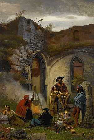 波希米亚人在L废墟中的营地圣巴文修道院（根特）`Campement De Bohémiens, Dans Les Ruines De Labbaye De Saint~Bavon (Gand) by Jules Breton