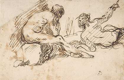两个裸体男性雕像，一个坐着，一个躺着1609-1675`Two Nude Male Figures, One Seated and One Reclining 1609~1675 by Domenico Gargiulo