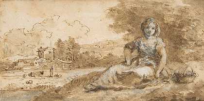坐在风景中的女孩`Seated Girl in a Landscape (1702–88) by Francesco Zuccarelli