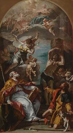 《圣母荣耀与天使长加布里埃尔和圣徒尤西比乌斯、罗奇和塞巴斯蒂安》`Glory of the Virgin with the Archangel Gabriel and Saints Eusebius, Roch, and Sebastian (circa 1724~1725) by Sebastiano Ricci