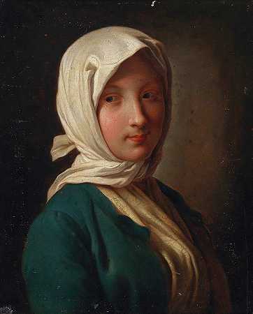 一个穿着蓝色夹克和白色头巾的女孩`A girl in a blue jacket and white headscarf by Pietro Rotari