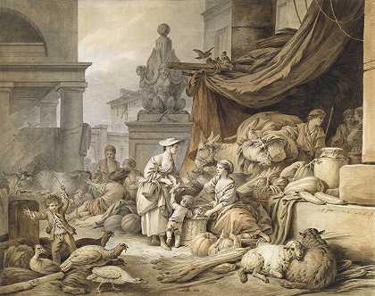 市集上有一个很棒的雕塑`Market Scene With A Fantastic Sculpture (1797~1798) by Jean-Baptiste Huet
