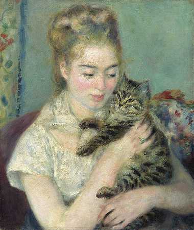 养猫的女人`Woman with a Cat (c. 1875) by Pierre-Auguste Renoir