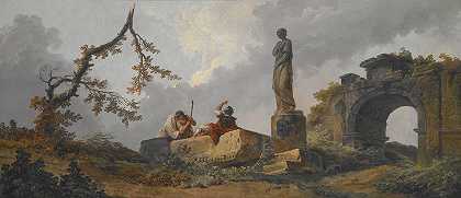 雕像`The Statue by Hubert Robert