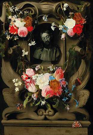 围绕着耶稣半身像的花环`A garland of flowers surrounding a cartouche with a bust of Christ by Jan Philips van Thielen