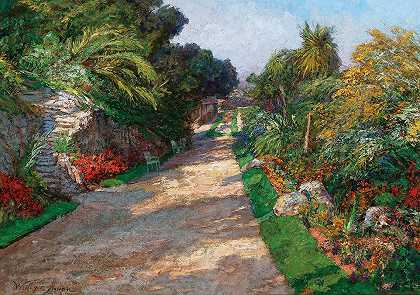 蒙特卡洛里维埃拉皇宫的花园小径`A Gardenpath of the Riviera Palace Hotels bei Monte Carlo (1906) by Olga Wisinger-Florian