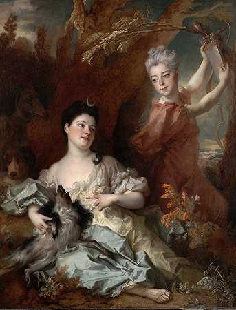 蒙索罗伯爵夫人和她姐姐的画像，是戴安娜和一名随从`Portrait of the Comtesse de Montsoreau and Her Sister as Diana and an Attendant (1714) by Nicolas de Largillière