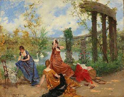公园池塘附近的女士们`Ladies Near The Park Pond by Francesc Miralles i Galaup