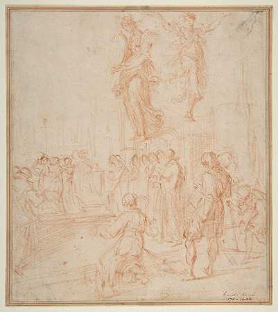 图形研究一名手持盾牌的女子、一名跳舞的女子和一名牧师在一群围观者面前支撑在祭坛上`Figure Studies; Woman holding a Shield, a Dancing Female, and a Priest Supported at an Altar before a Group of Onlookers (1612) by Bernardino Poccetti