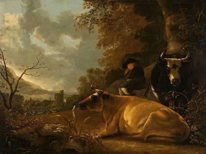 有奶牛和年轻牧民的风景`Landscape with Cows and a Young Herdsman (1650 ~ 1670) by Aelbert Cuyp