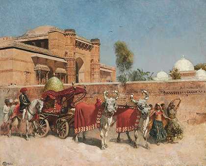 拉贾斯坦邦一座宫殿前的婚礼游行`A Wedding Procession before a Palace in Rajasthan by Edwin Lord Weeks