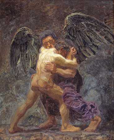 雅各布与天使摔跤`Jacob Wrestling with the Angel (1907) by Oluf Hartmann