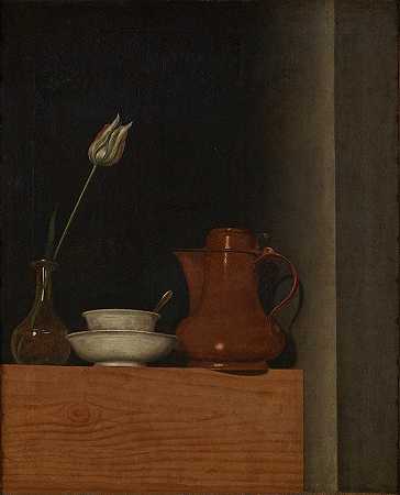 水壶和郁金香的静物画`Stillleben mit Krug und Tulpe (1754) by Anna Maria Punz