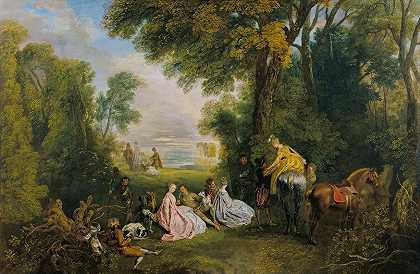 狩猎约会`Rendez~vous de chasse (c. 1717 ~ 1718) by Jean-Antoine Watteau