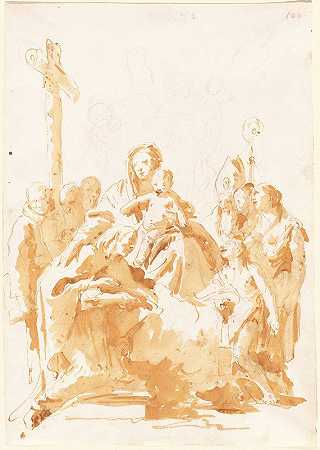 圣母和孩子被崇拜`The Virgin and Child Adored by Bishops, Monks and Women (1735~1740) by Bishops, Monks and Women by Giovanni Battista Tiepolo