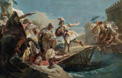 受伤的赫拉提乌斯·科克勒斯在台伯河上游泳`The Wounded Horatius Cocles Swimming The Tiber by Follower Of Giovanni Battista Tiepolo