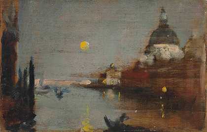 威尼斯，满月之际，大运河向圣母玛利亚致敬`Sta Maria Della Salute From The Grand Canal, With A Full Moon, Venice by James Jebusa Shannon