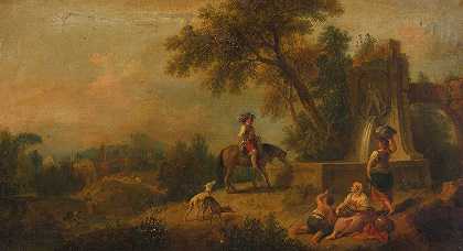 有农民、喷泉和骑手的景观`Landscape With Peasants, Fountain And Rider by Francesco Zuccarelli