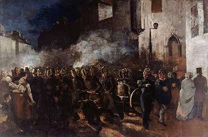 消防队员在火灾中奔跑`Pompiers courant à un incendie (1850~1851) by Gustave Courbet
