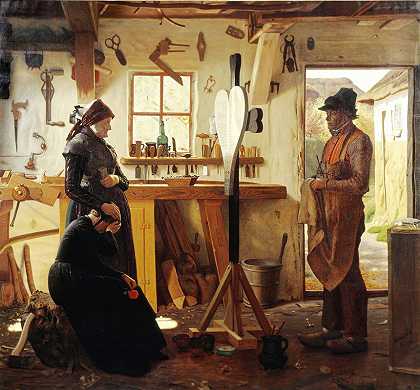 两个女人去拜访村里的艺术家，看他们订好的坟墓十字架`To kvinder besøger landsbykunstneren for at se det bestilte gravkors (1873) by Christen Dalsgaard