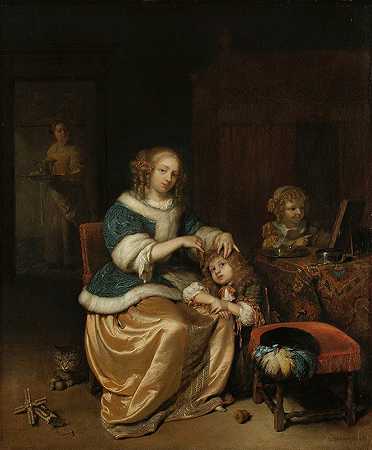 一位母亲梳理孩子的头发，这被称为“母性护理”`Interior with a Mother Combing her Child’s Hair, Known as ‘Maternal Care’ (1669) by Caspar Netscher