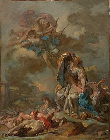 对傲慢的尼奥贝的惩罚`The Punishment of the Arrogant Niobe by Diana and Apollo (ca. 1772) by Diana and Apollo by Pierre Charles Jombert