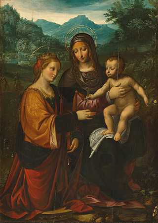 亚历山大圣凯瑟琳的圣母与孩子`The Madonna and Child with Saint Catherine of Alexandria, in a landscape by Andrea Bianchi