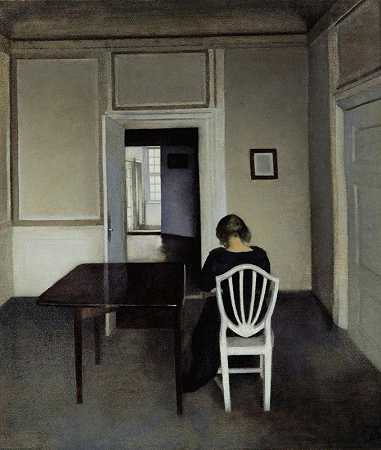 艾达坐在白色椅子上`Interior With Ida in A White Chair by Vilhelm Hammershøi