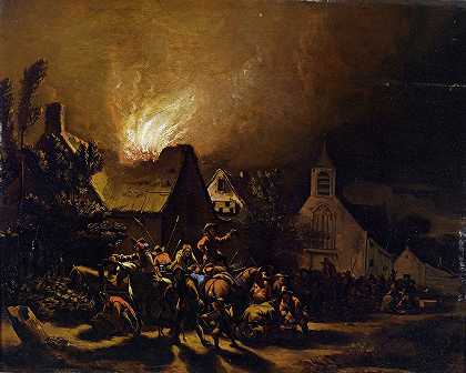在燃烧的村庄前的劫掠者`Marodeure vor einem brennenden Dorf by Egbert van der Poel