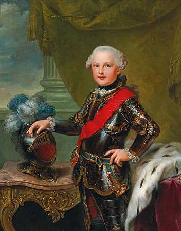 巴伐利亚世袭王子普法尔兹·兹韦布吕肯的卡尔二世公爵肖像`Portrait Of Duke Carl II August Of Pfalz~Zweibrücken As Hereditary Prince Of Bavaria (circa 1757) by Johann Georg Ziesenis