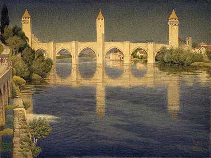 法国卡奥尔瓦伦特桥`Pont Valentre, Cahors, France (1936) by Joseph Edward Southall
