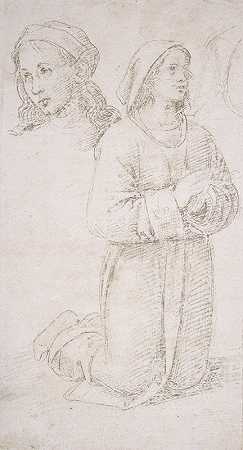 研究一个跪着的年轻人和另一个跪着的年轻人的头`Study of a Kneeling Youth and of the Head of Another (1500) by Pietro Perugino